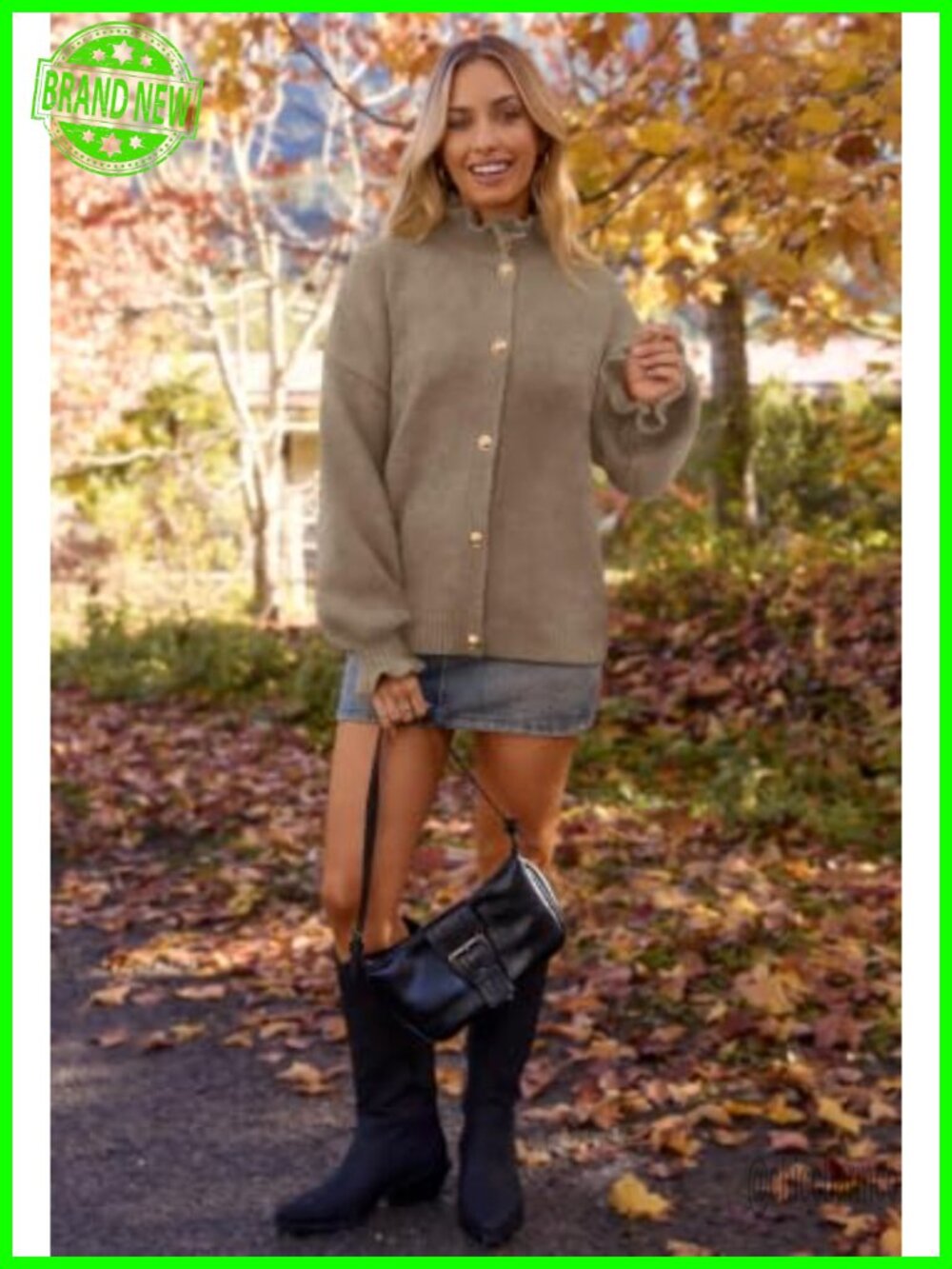 Chunky Knit Cardigan Ruffle Mock Neck Button Down Sweater - Picture 3 of 6